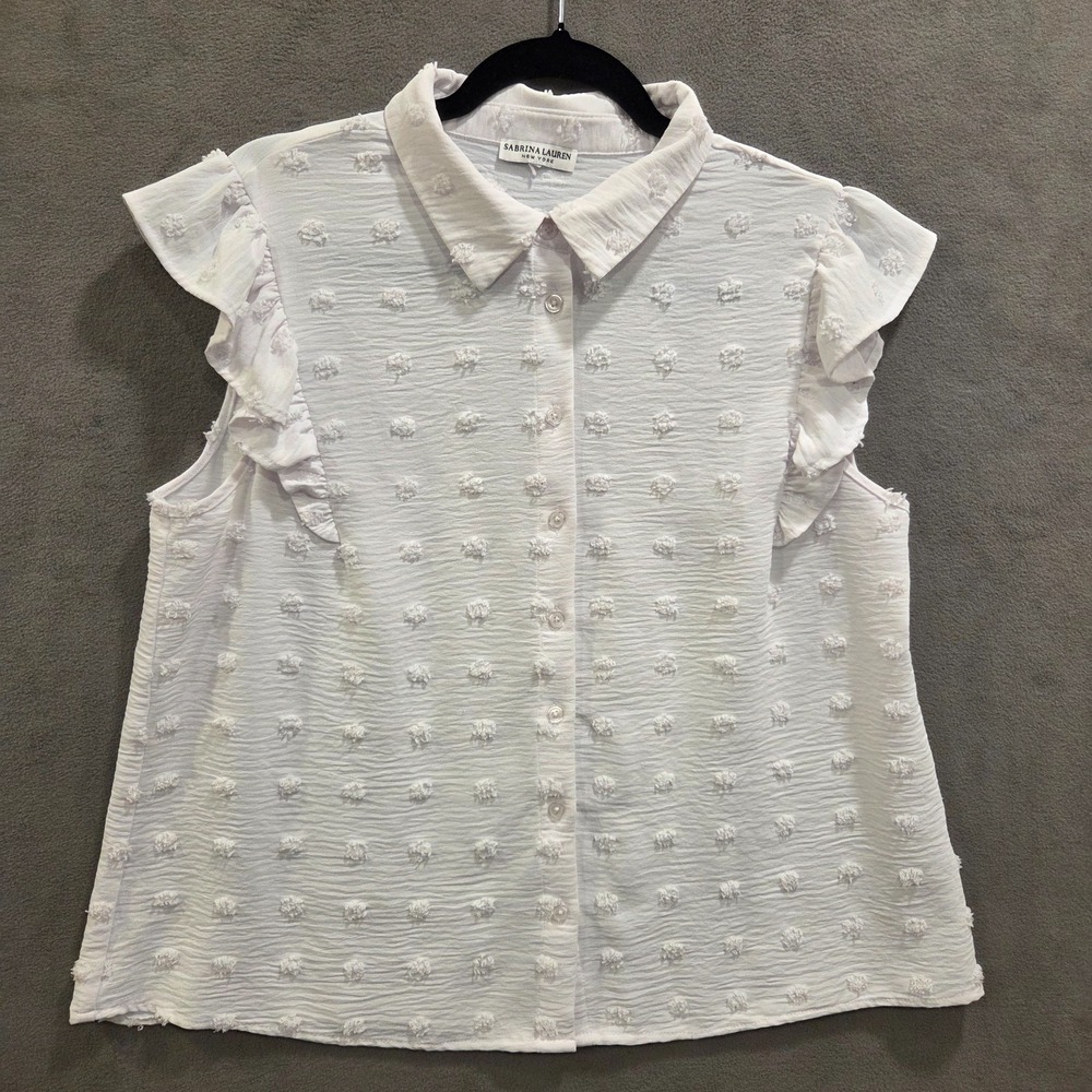 Sabrina Lauren New York Boho Ruffled Blouse Womens SZ‎ Large Pom Pom Embroidered